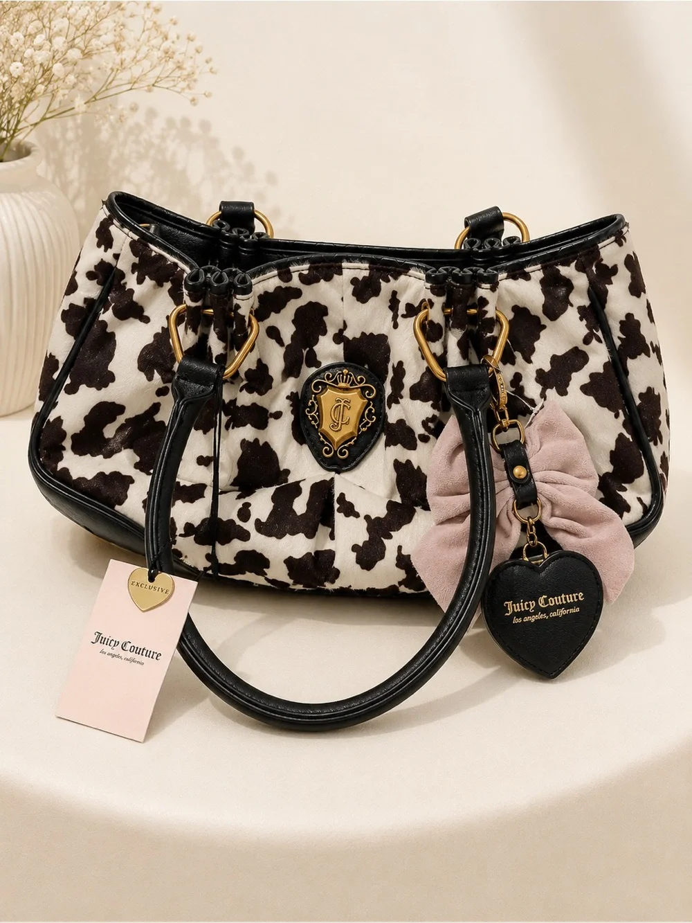 Juicy Couture Black & White Cow Print Shoulder Bag with Pink Bow Charm